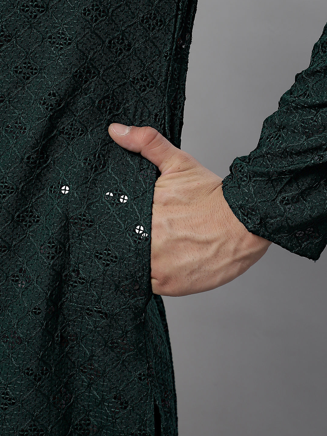 Jompers Men's Olive Green Chikankari Embroidered and Sequence Kurta with Pyjama