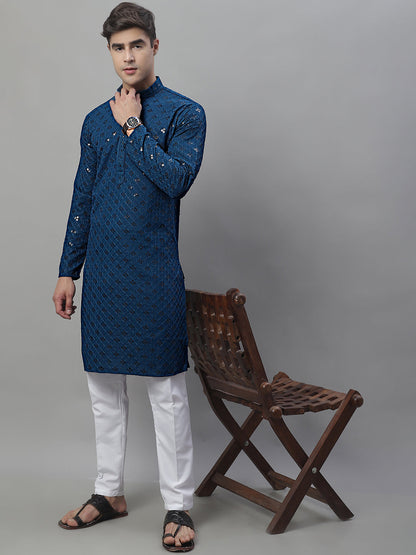 Jompers Men's Peacock Blue Chikankari Embroidered and Sequence Kurta with Pyjama