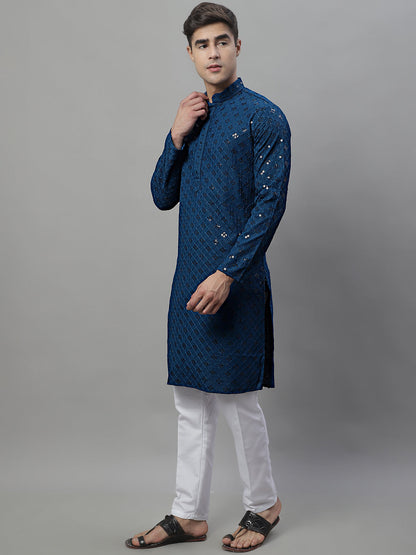 Jompers Men's Peacock Blue Chikankari Embroidered and Sequence Kurta with Pyjama