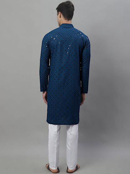 Jompers Men's Peacock Blue Chikankari Embroidered and Sequence Kurta with Pyjama