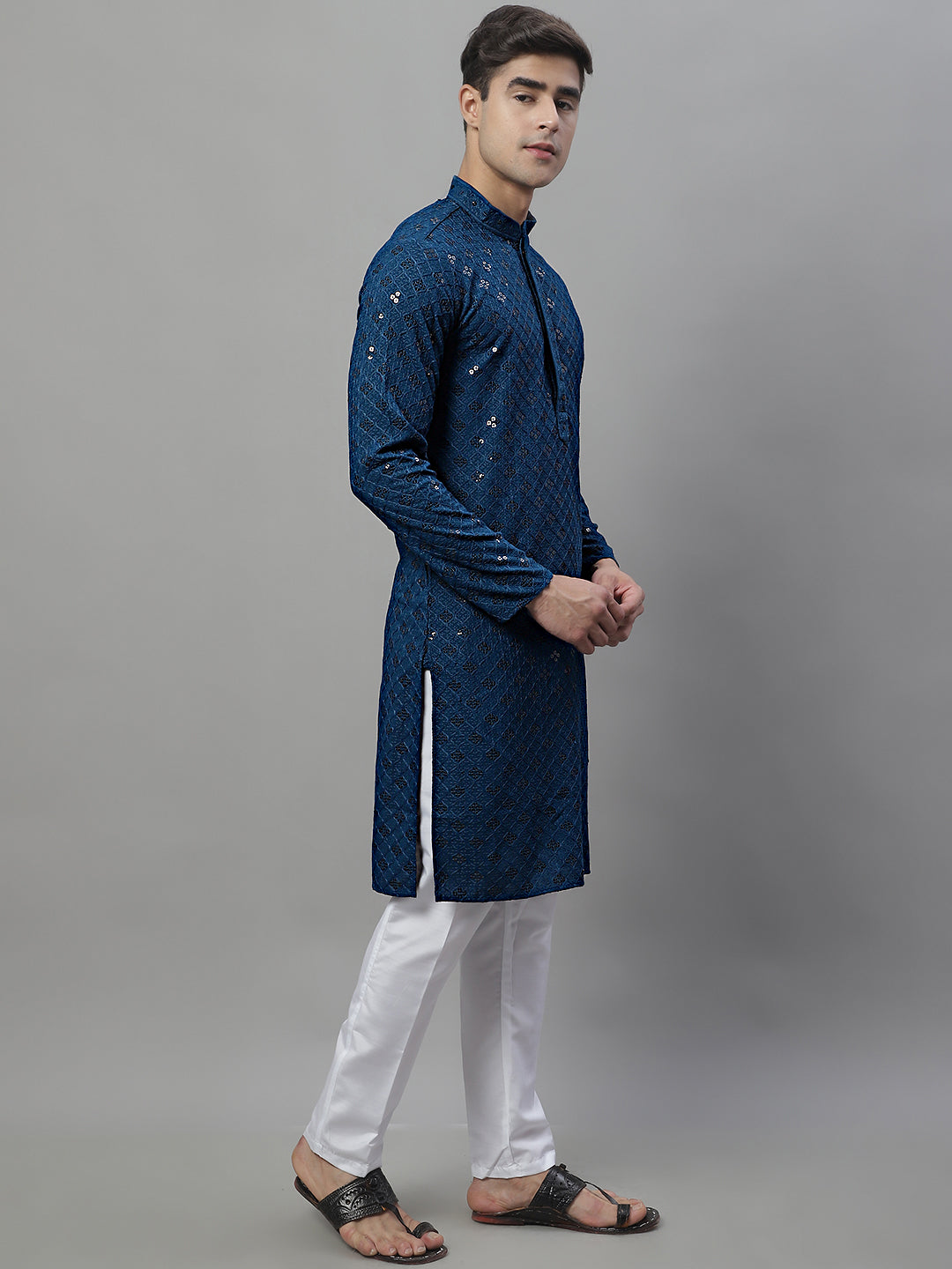 Jompers Men's Peacock Blue Chikankari Embroidered and Sequence Kurta with Pyjama