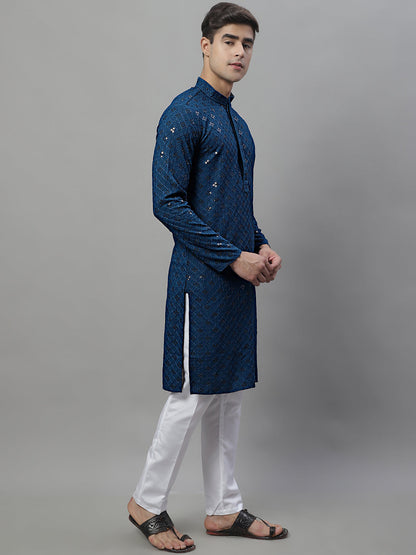 Jompers Men's Peacock Blue Chikankari Embroidered and Sequence Kurta with Pyjama