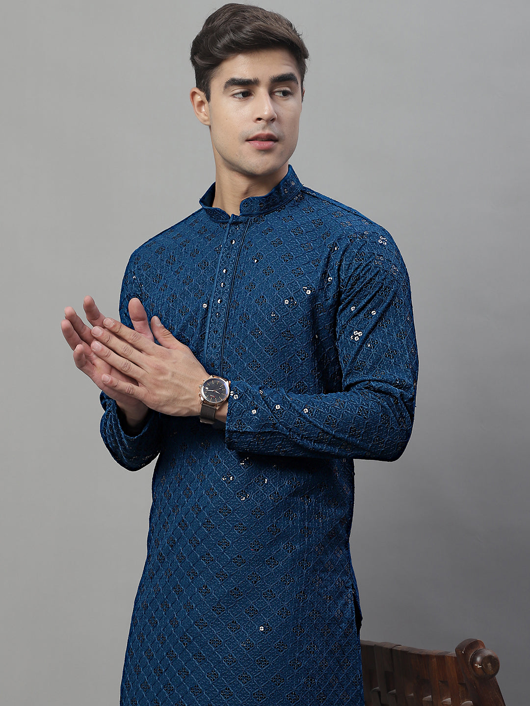 Jompers Men's Peacock Blue Chikankari Embroidered and Sequence Kurta with Pyjama