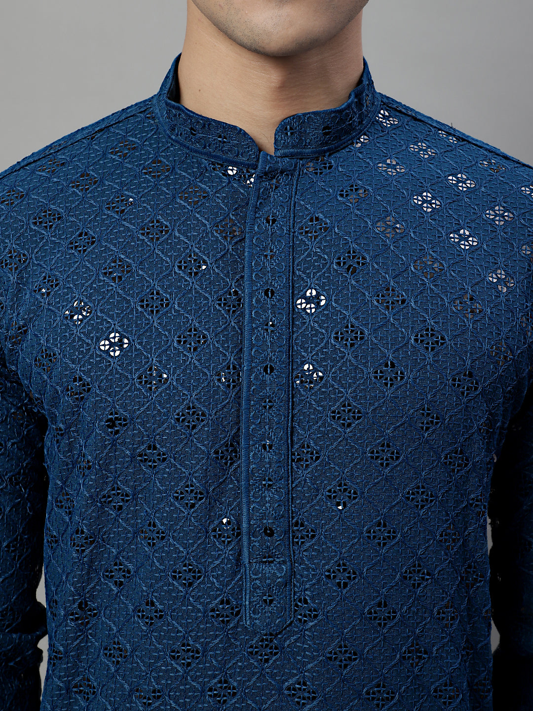 Jompers Men's Peacock Blue Chikankari Embroidered and Sequence Kurta with Pyjama