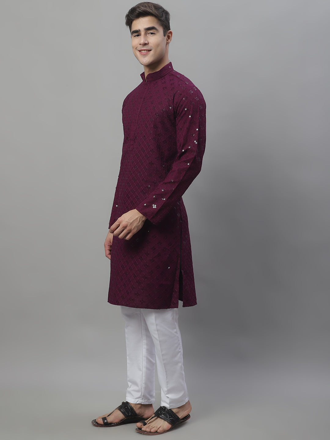 Jompers Men's Purple Chikankari Embroidered and Sequence Kurta with Pyjama