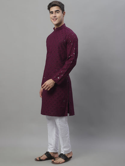 Jompers Men's Purple Chikankari Embroidered and Sequence Kurta with Pyjama
