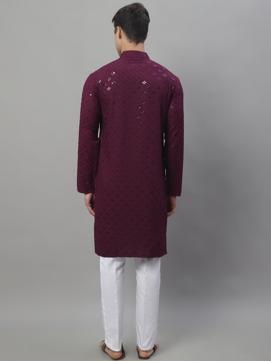 Jompers Men's Purple Chikankari Embroidered and Sequence Kurta with Pyjama