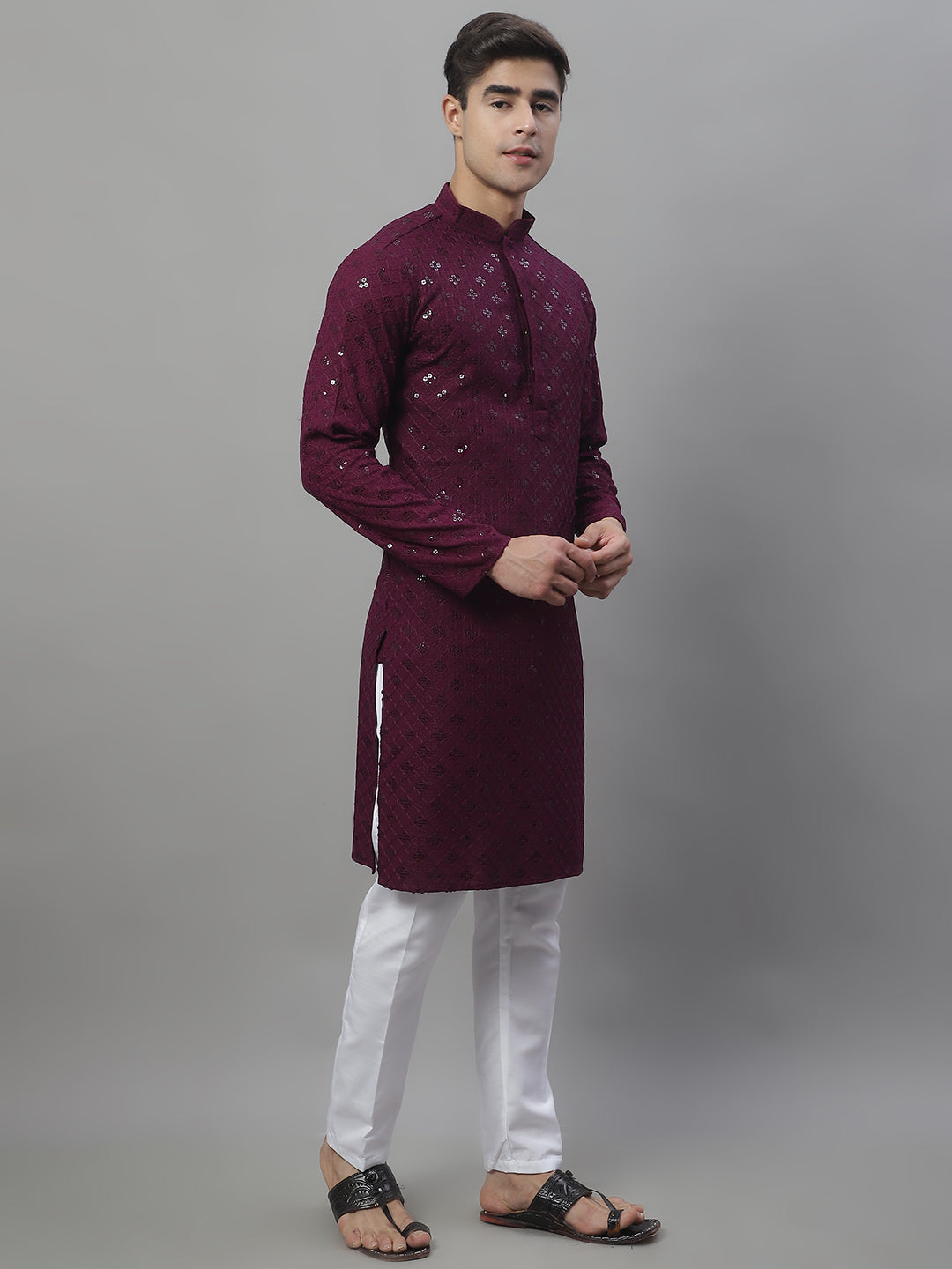 Jompers Men's Purple Chikankari Embroidered and Sequence Kurta with Pyjama