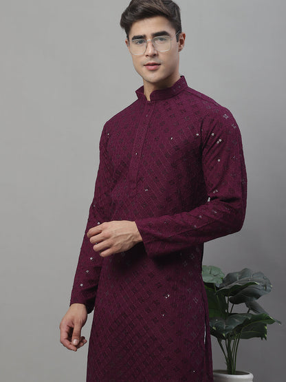 Jompers Men's Purple Chikankari Embroidered and Sequence Kurta with Pyjama