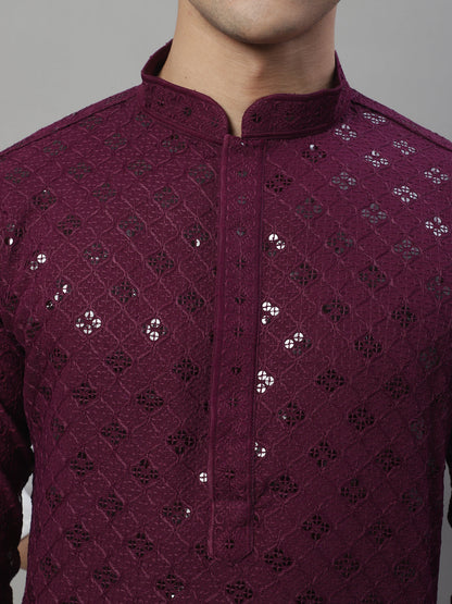 Jompers Men's Purple Chikankari Embroidered and Sequence Kurta with Pyjama