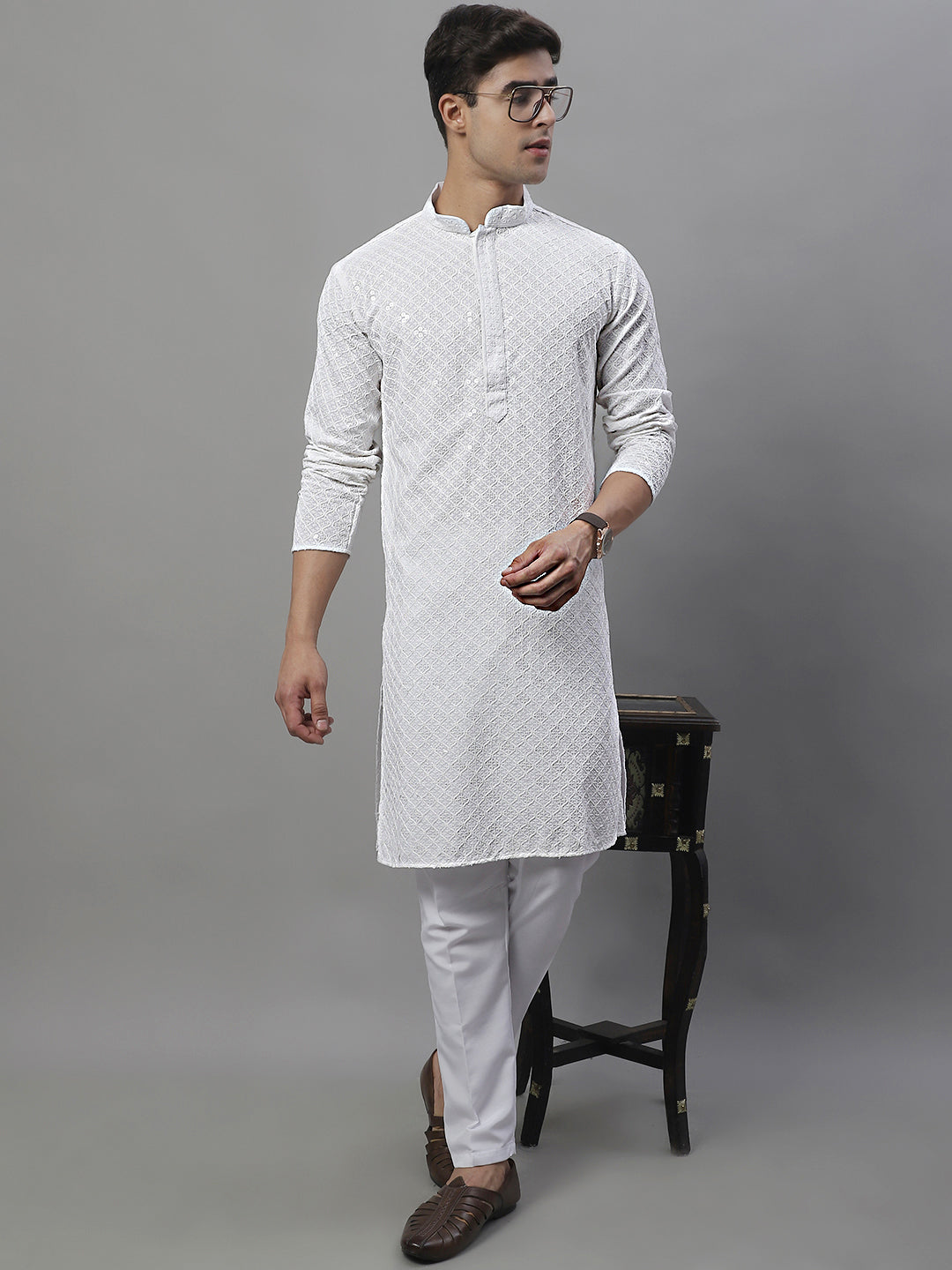 Jompers Men's White Chikankari Embroidered and Sequence Kurta with Pyjama
