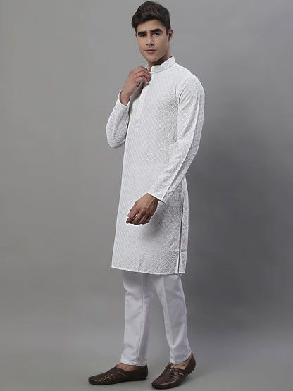 Jompers Men's White Chikankari Embroidered and Sequence Kurta with Pyjama