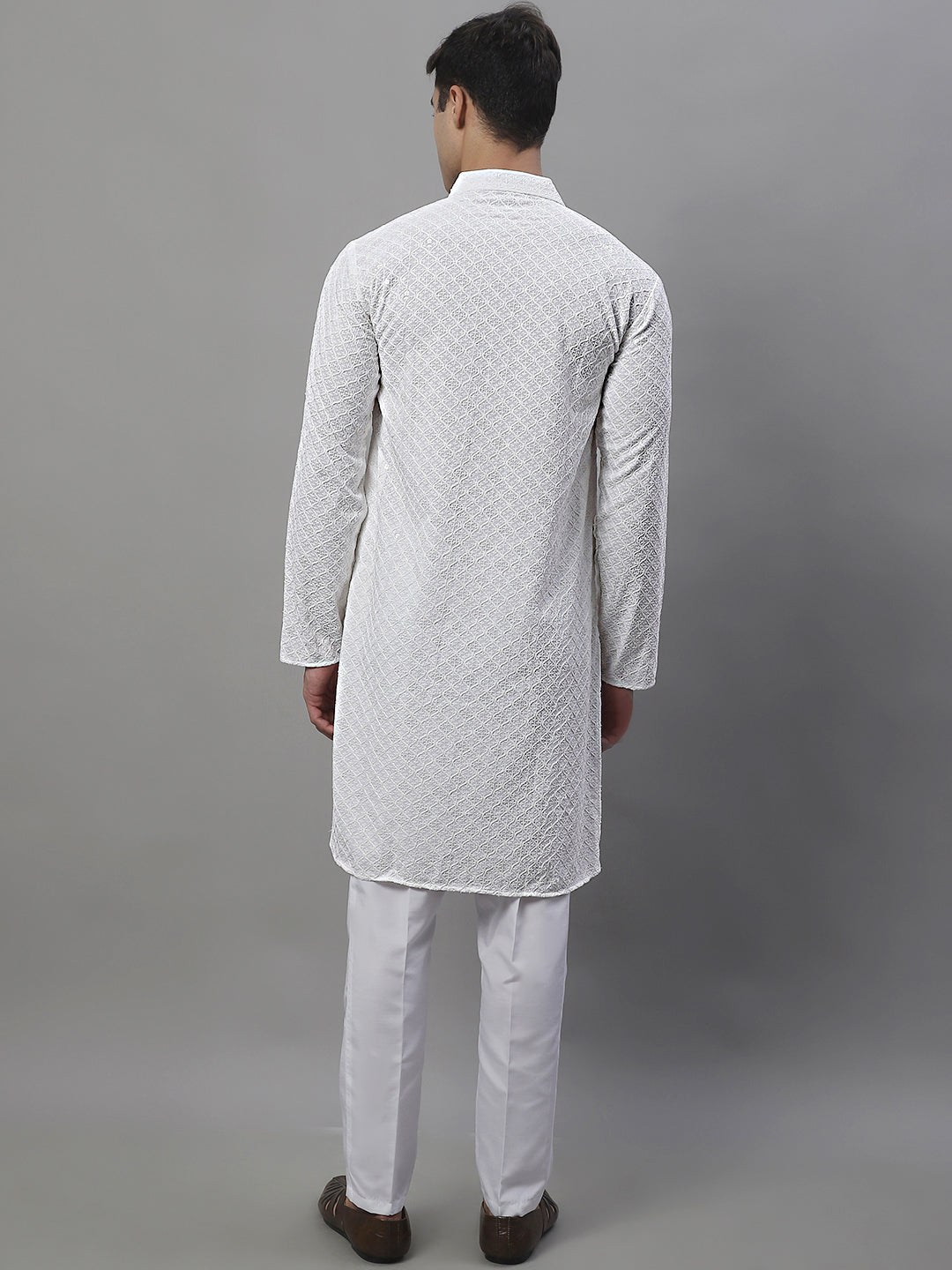 Jompers Men's White Chikankari Embroidered and Sequence Kurta with Pyjama