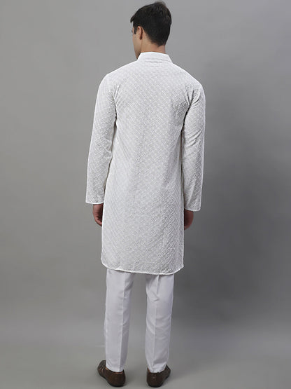 Jompers Men's White Chikankari Embroidered and Sequence Kurta with Pyjama
