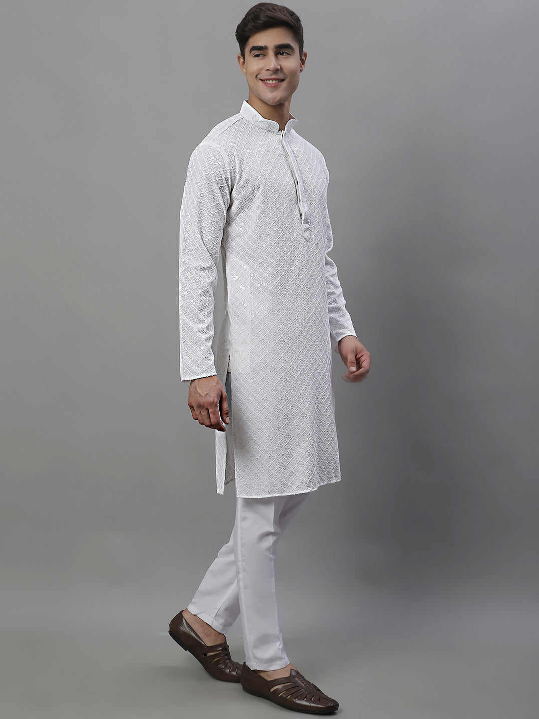 Jompers Men's White Chikankari Embroidered and Sequence Kurta with Pyjama