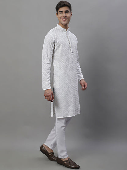 Jompers Men's White Chikankari Embroidered and Sequence Kurta with Pyjama