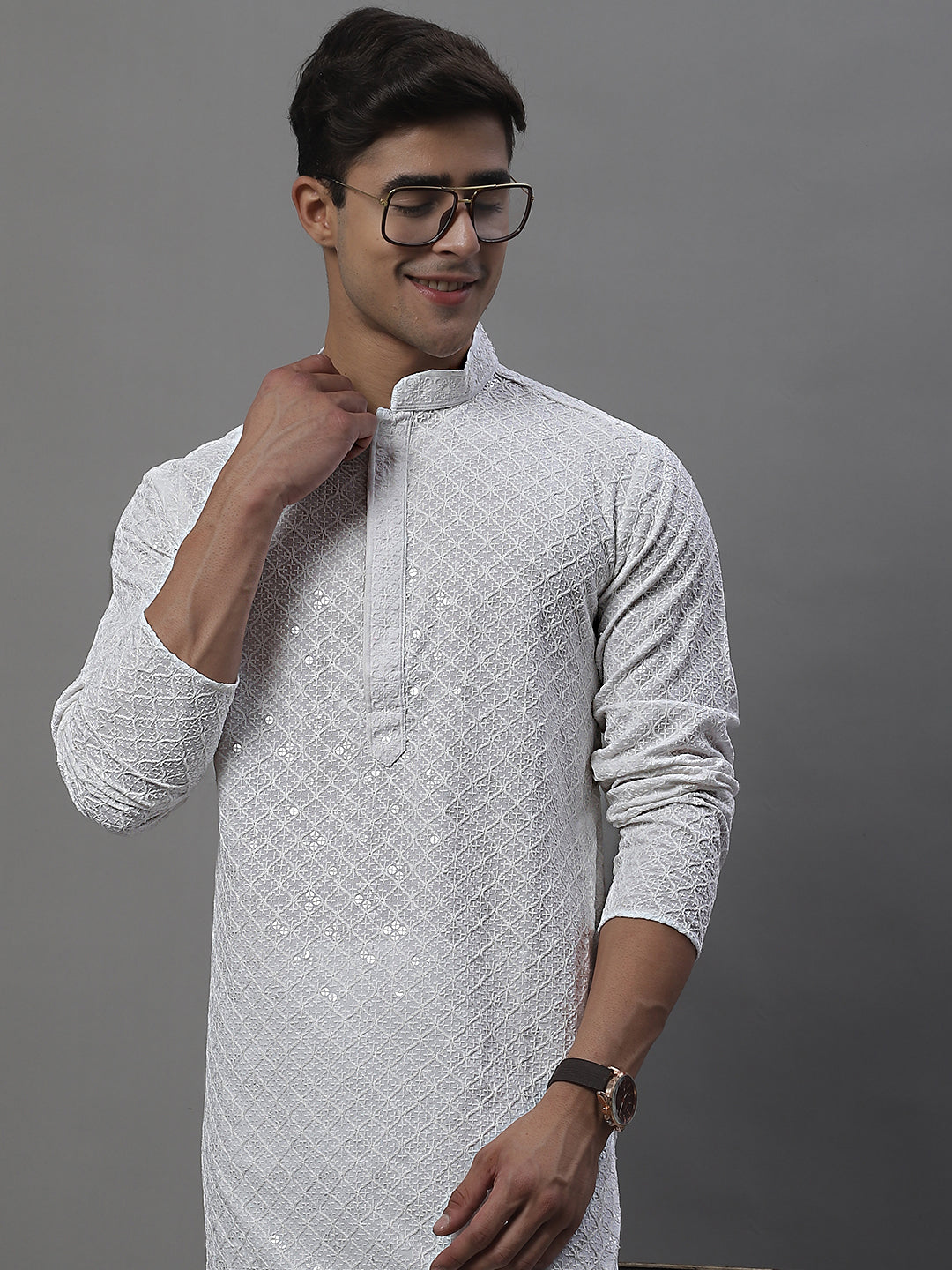 Jompers Men's White Chikankari Embroidered and Sequence Kurta with Pyjama