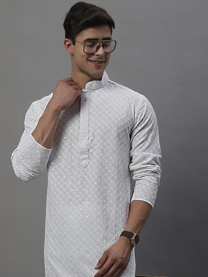 Jompers Men's White Chikankari Embroidered and Sequence Kurta with Pyjama
