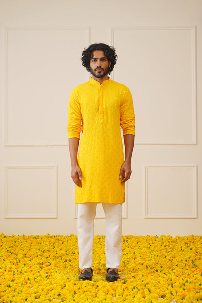Jompers Men's Yellow Chikankari Embroidered and Sequence Kurta with Pyjama