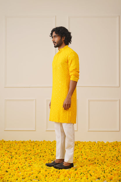 Jompers Men's Yellow Chikankari Embroidered and Sequence Kurta with Pyjama