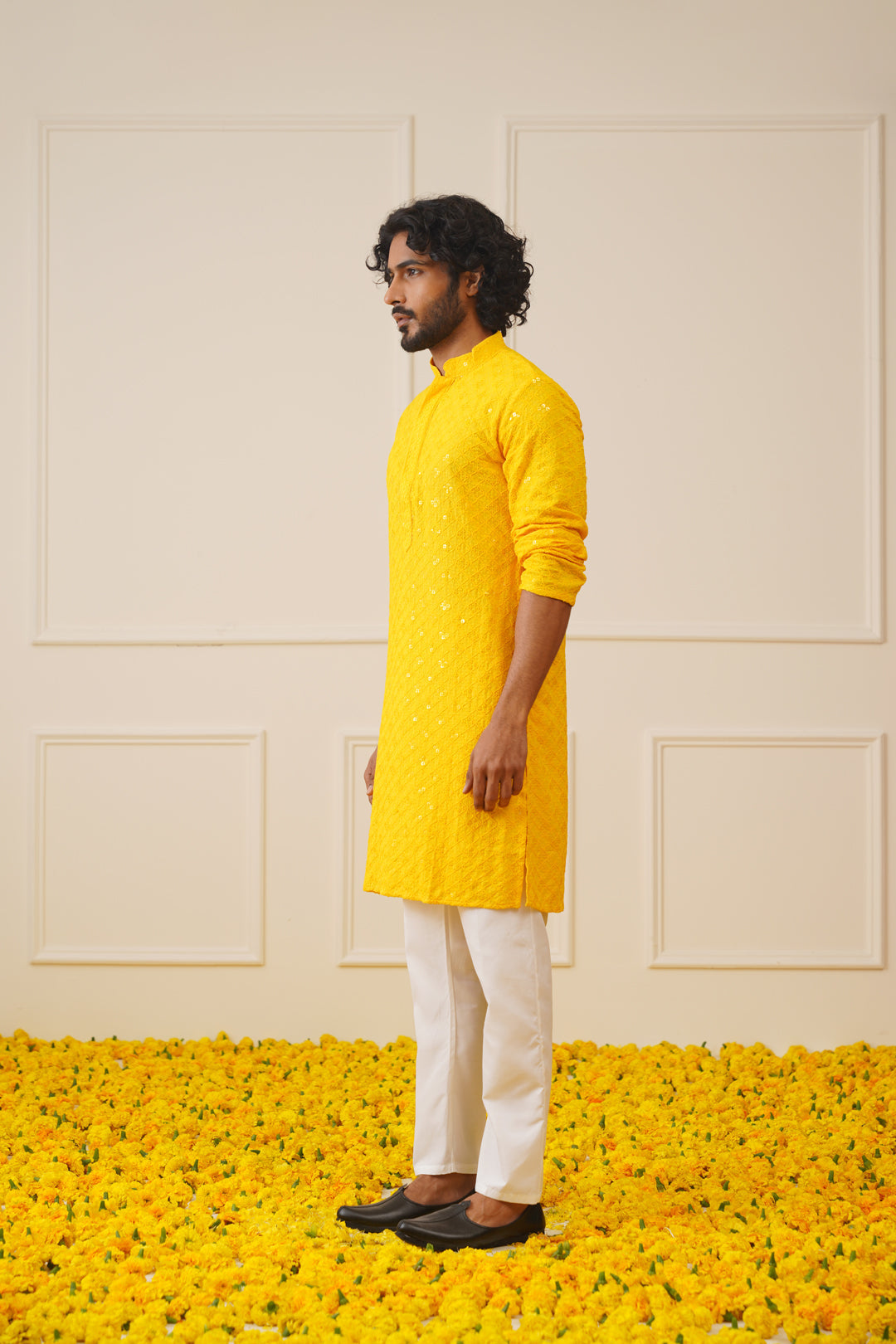 Jompers Men's Yellow Chikankari Embroidered and Sequence Kurta