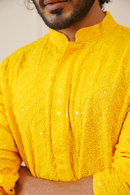 Jompers Men's Yellow Chikankari Embroidered and Sequence Kurta with Pyjama