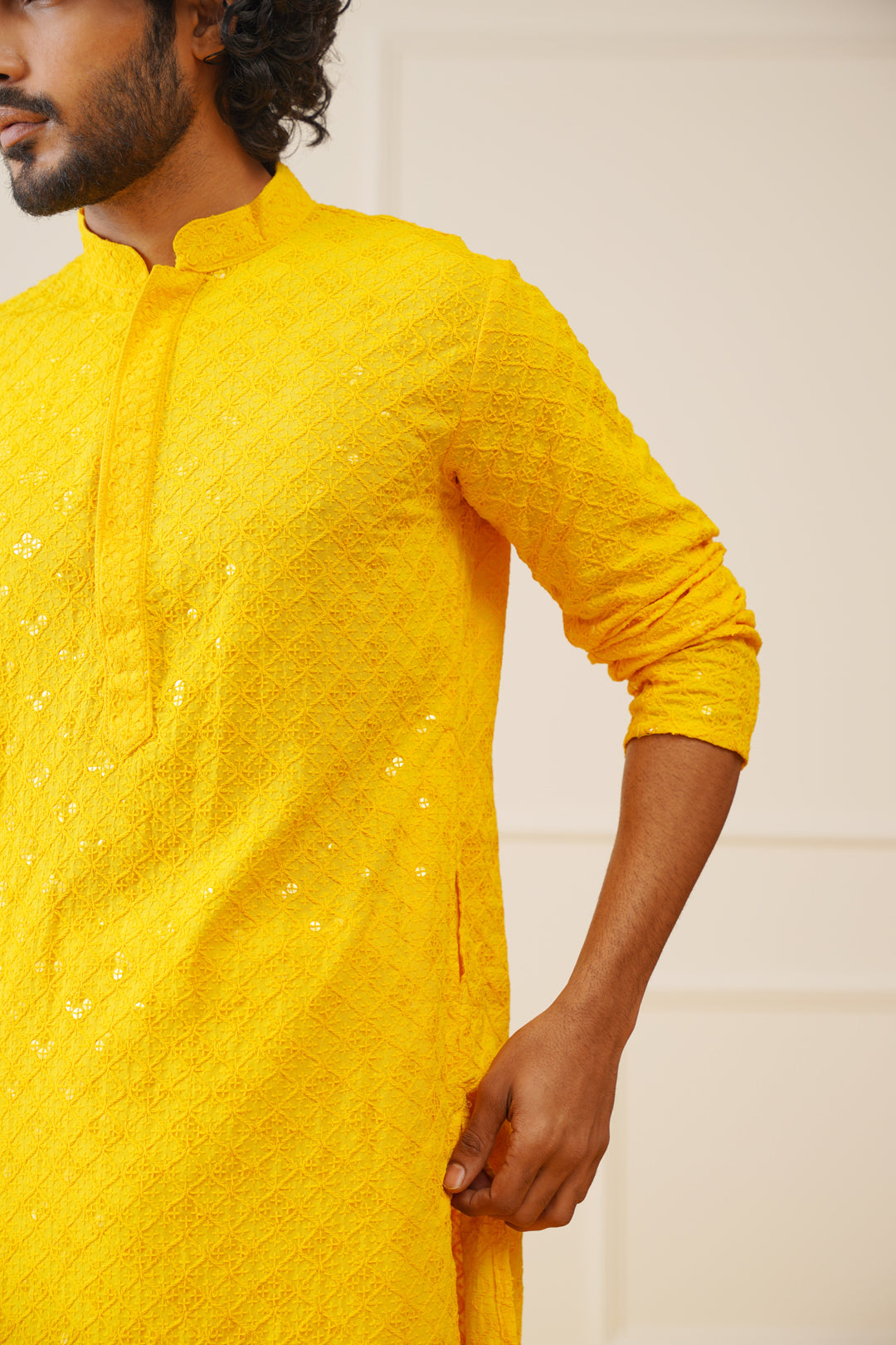 Jompers Men's Yellow Chikankari Embroidered and Sequence Kurta with Pyjama