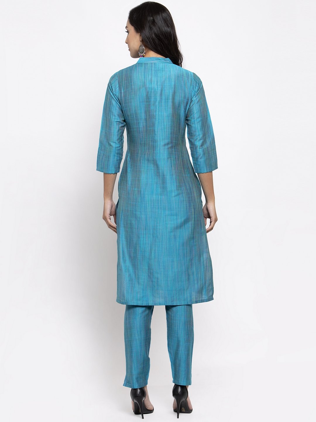 Jompers Women Blue & Green Self-Striped Kurta with Trousers