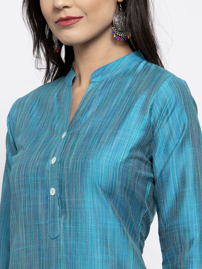 Jompers Women Blue & Green Self-Striped Kurta with Trousers