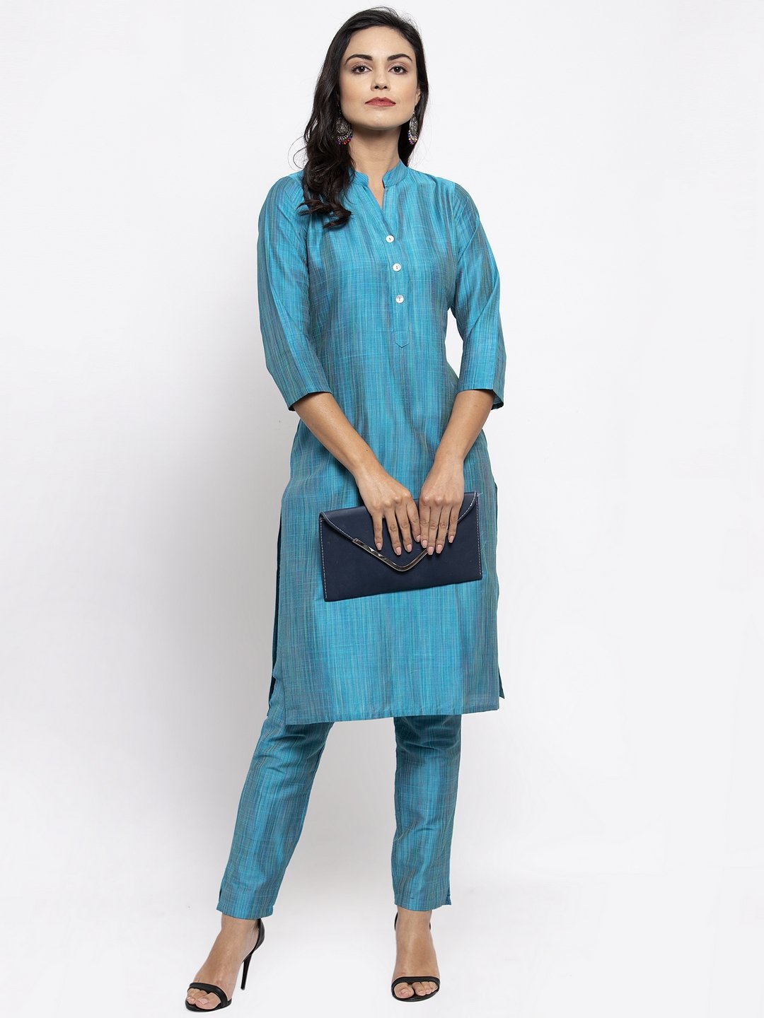 Jompers Women Blue & Green Self-Striped Kurta with Trousers
