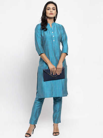 Jompers Women Blue & Green Self-Striped Kurta with Trousers