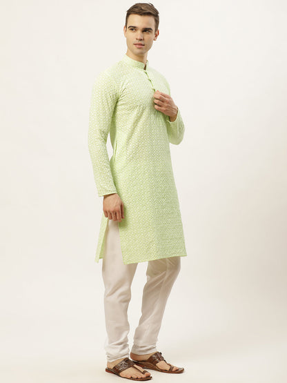 Jompers Men's Green Embroidered Kurta Only