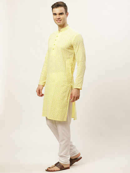 Jompers Men's Yellow Embroidered Kurta Only