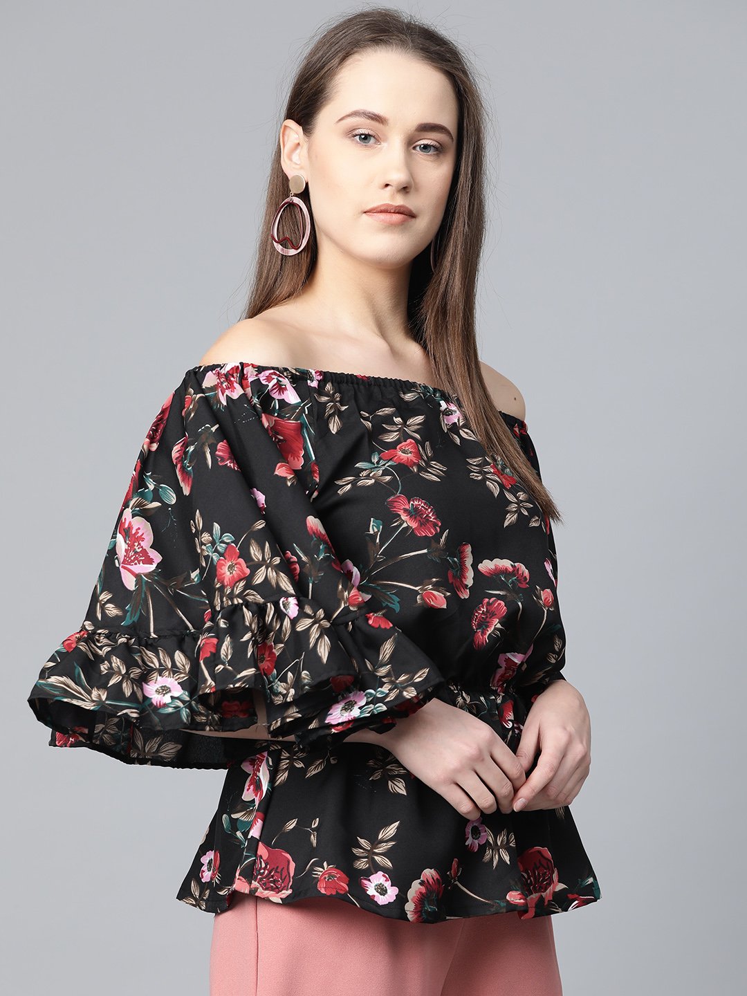 Jompers Women Black Printed Bardot Top