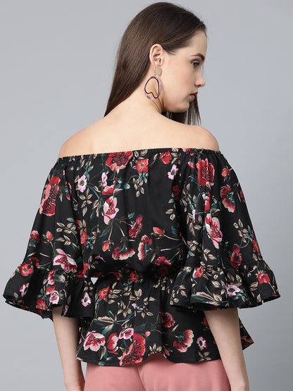 Jompers Women Black Printed Bardot Top