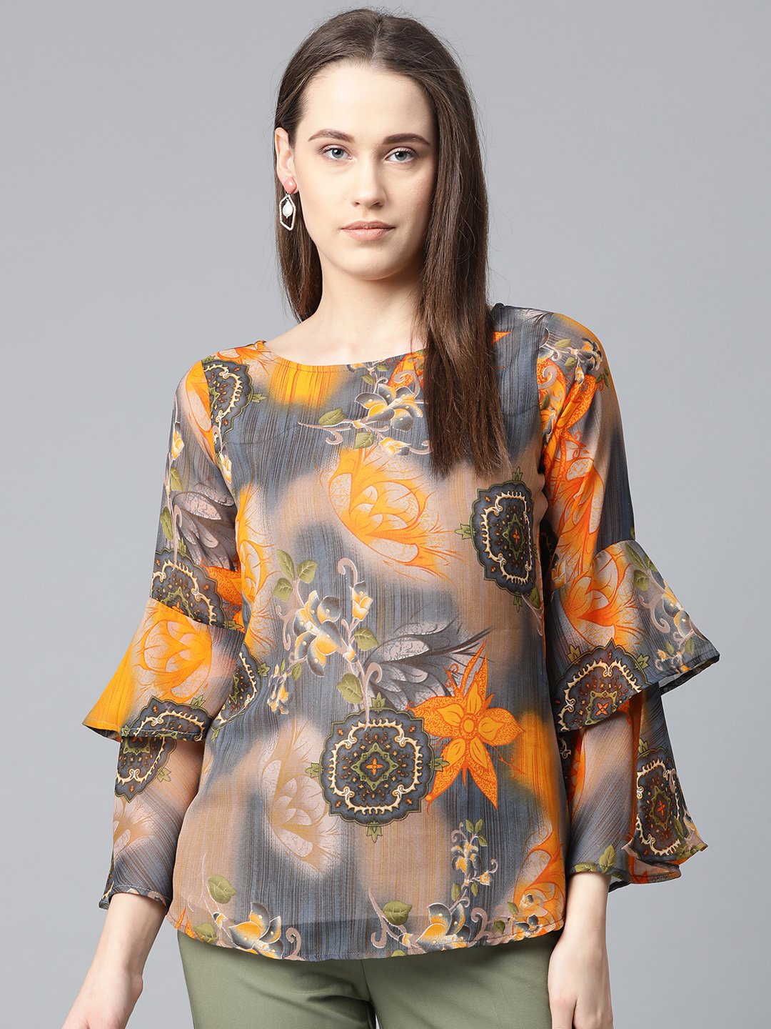 Jompers Women Grey & Mustard Printed Top
