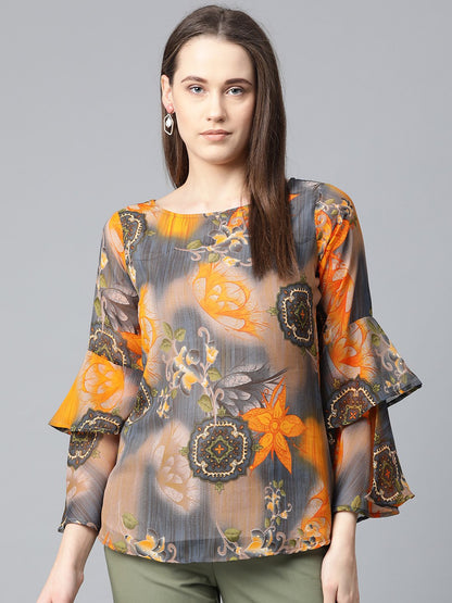 Jompers Women Grey & Mustard Printed Top
