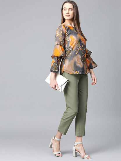 Jompers Women Grey & Mustard Printed Top