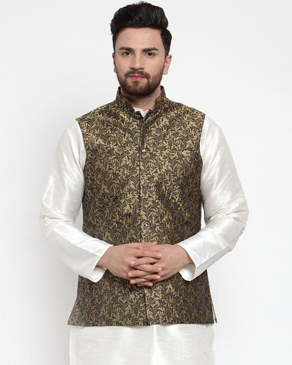 Jompers Men Gold-Coloured & Black Woven Design Nehru Jacket