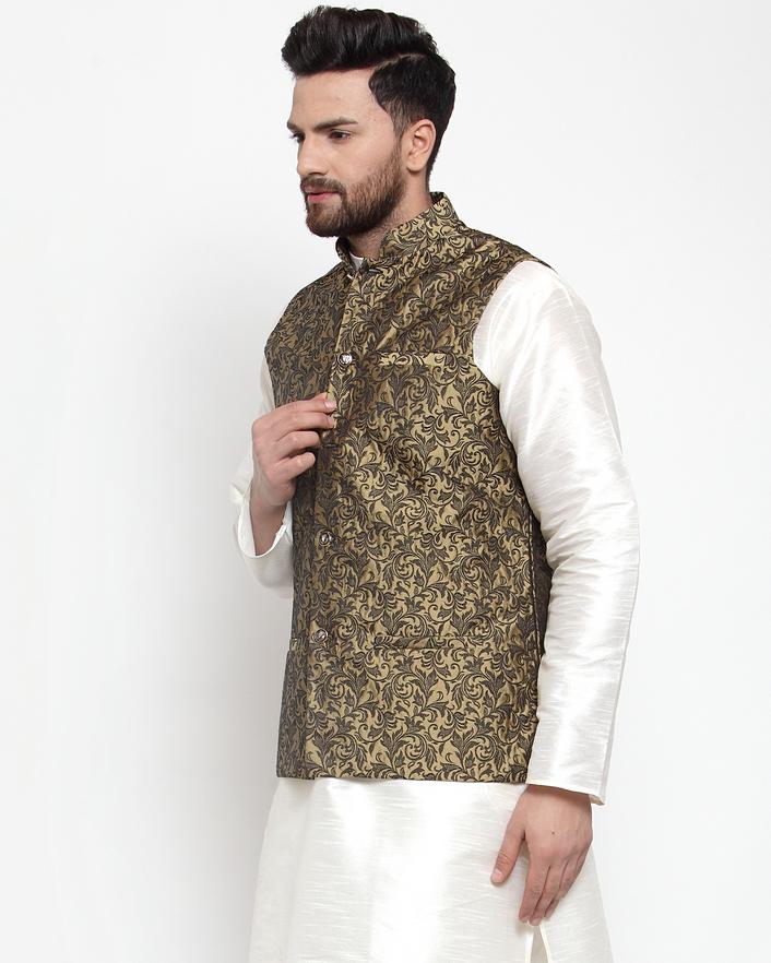 Jompers Men Gold-Coloured & Black Woven Design Nehru Jacket