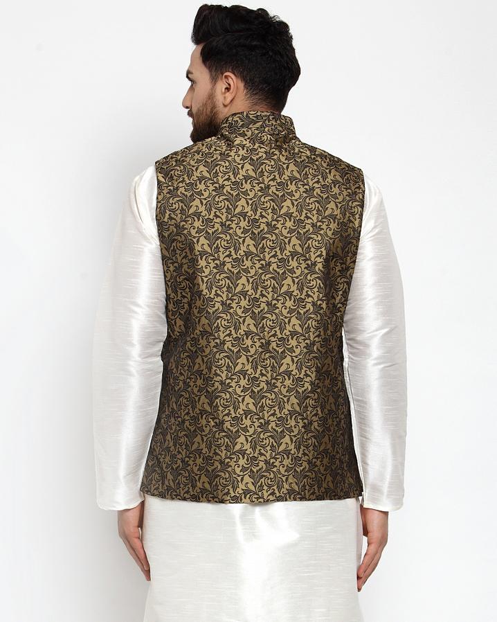 Jompers Men Gold-Coloured & Black Woven Design Nehru Jacket