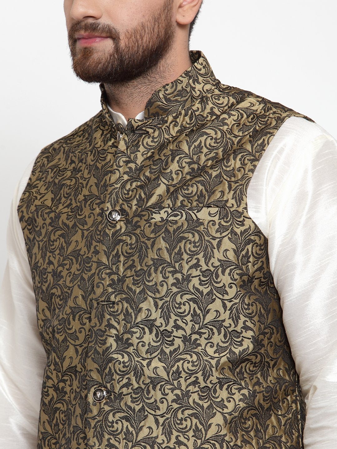 Jompers Men Gold-Coloured & Black Woven Design Nehru Jacket