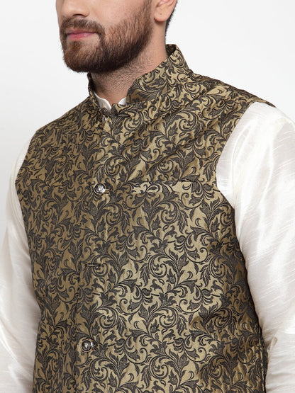 Jompers Men Gold-Coloured & Black Woven Design Nehru Jacket