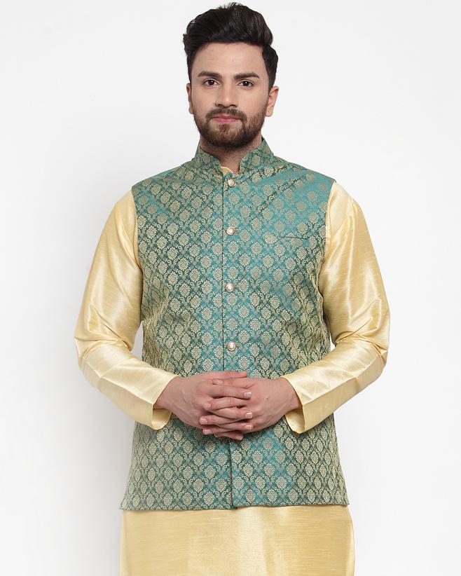 Jompers Men Green-Coloured & Golden Woven Design Nehru Jacket