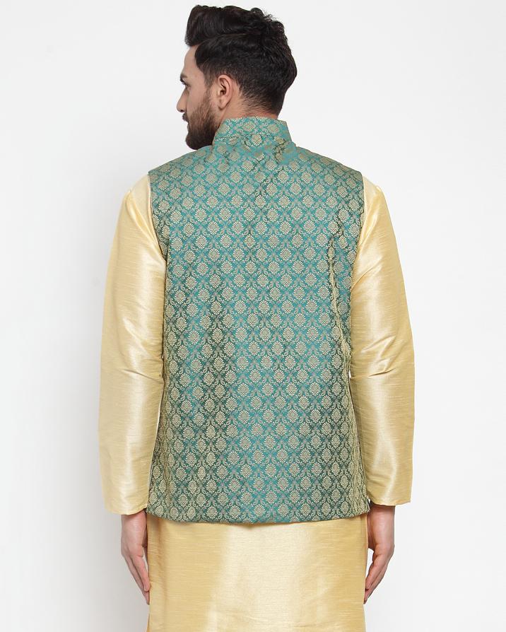 Jompers Men Green-Coloured & Golden Woven Design Nehru Jacket