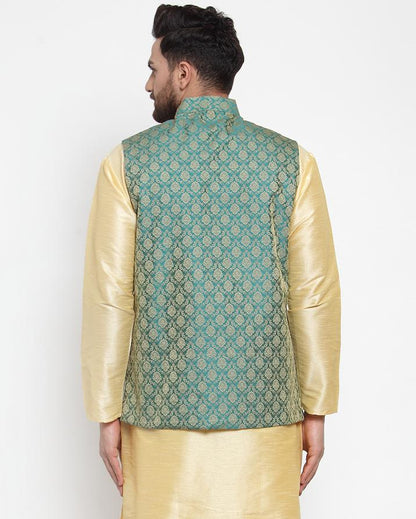 Jompers Men Green-Coloured & Golden Woven Design Nehru Jacket