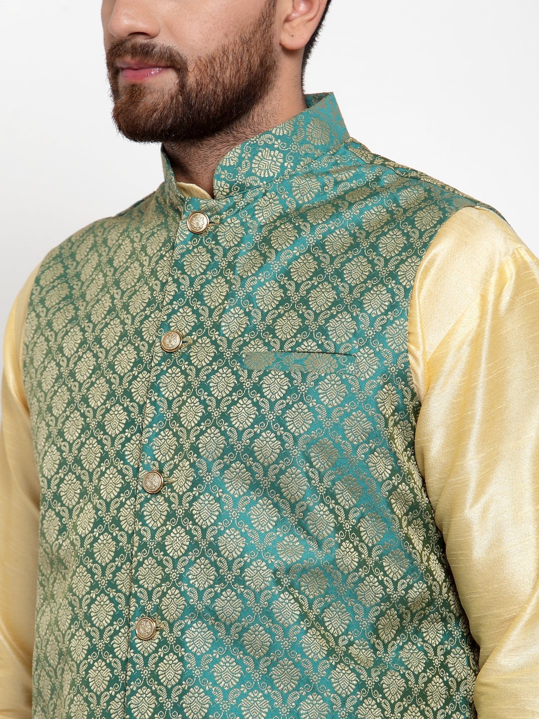 Jompers Men Green-Coloured & Golden Woven Design Nehru Jacket