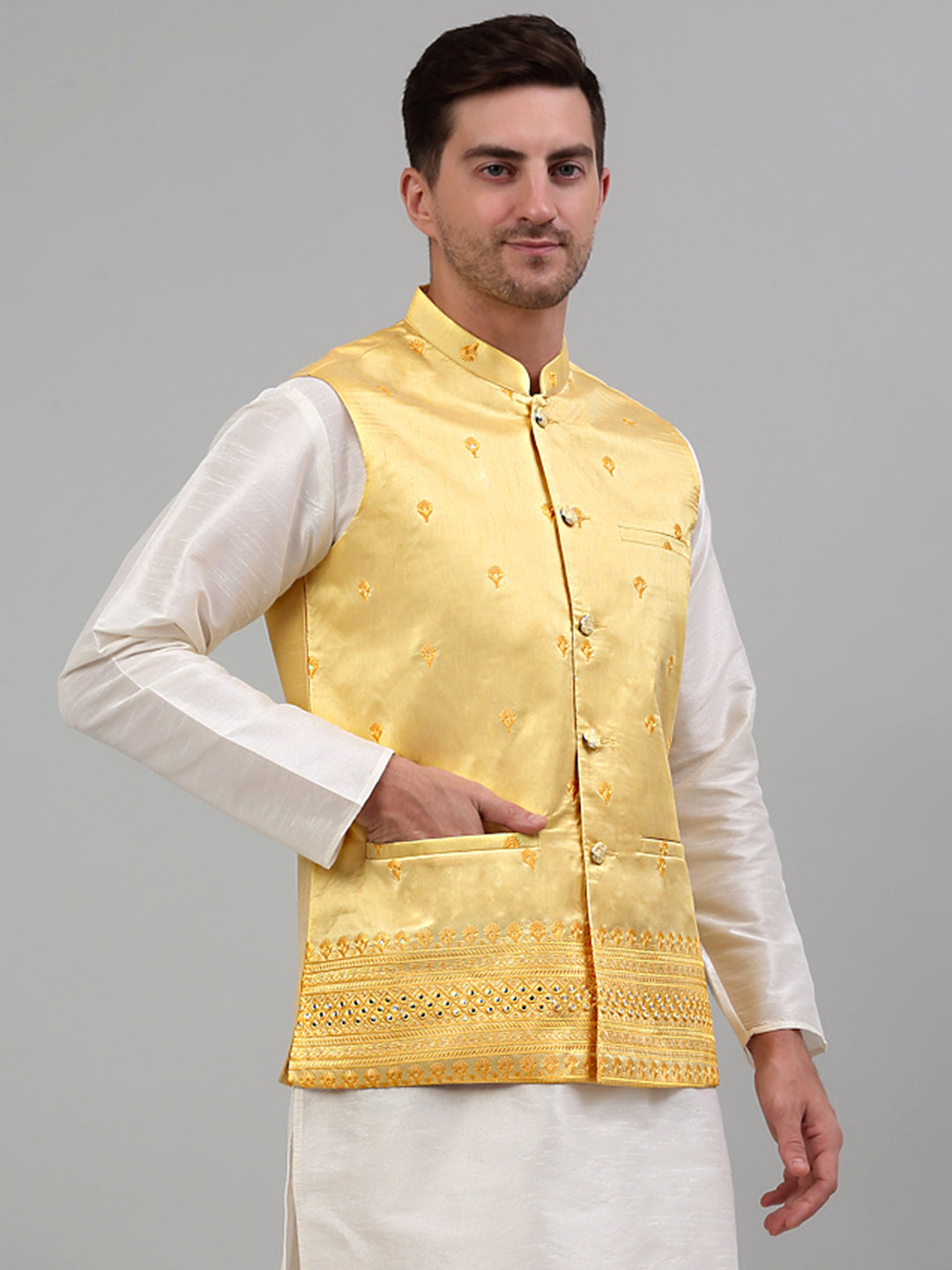 Jompers Men's Embroidered Nehru Jacket - Yellow