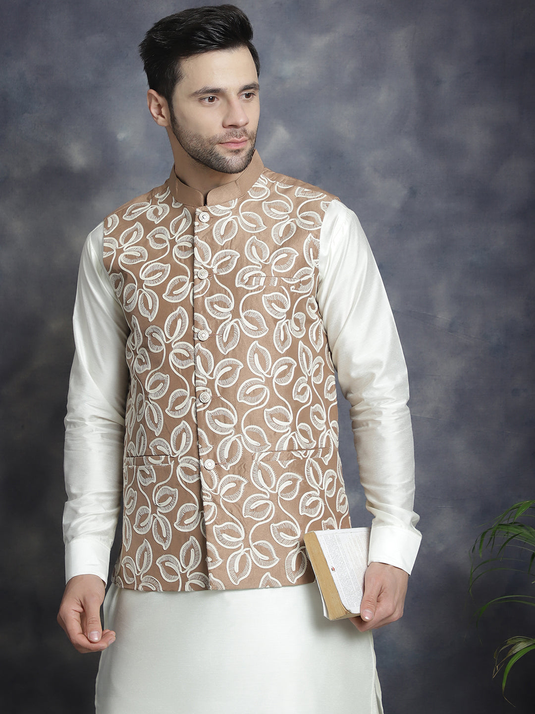 Jompers Men's embroidered Nehru Jacket - Brown