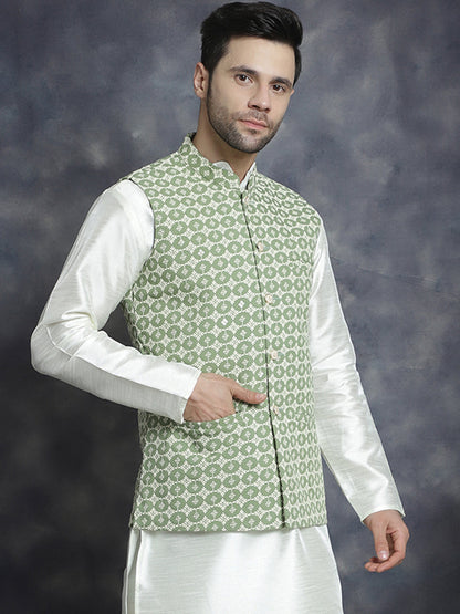 Jompers Men's embroidered and sequins Nehru Jacket - Mehndi